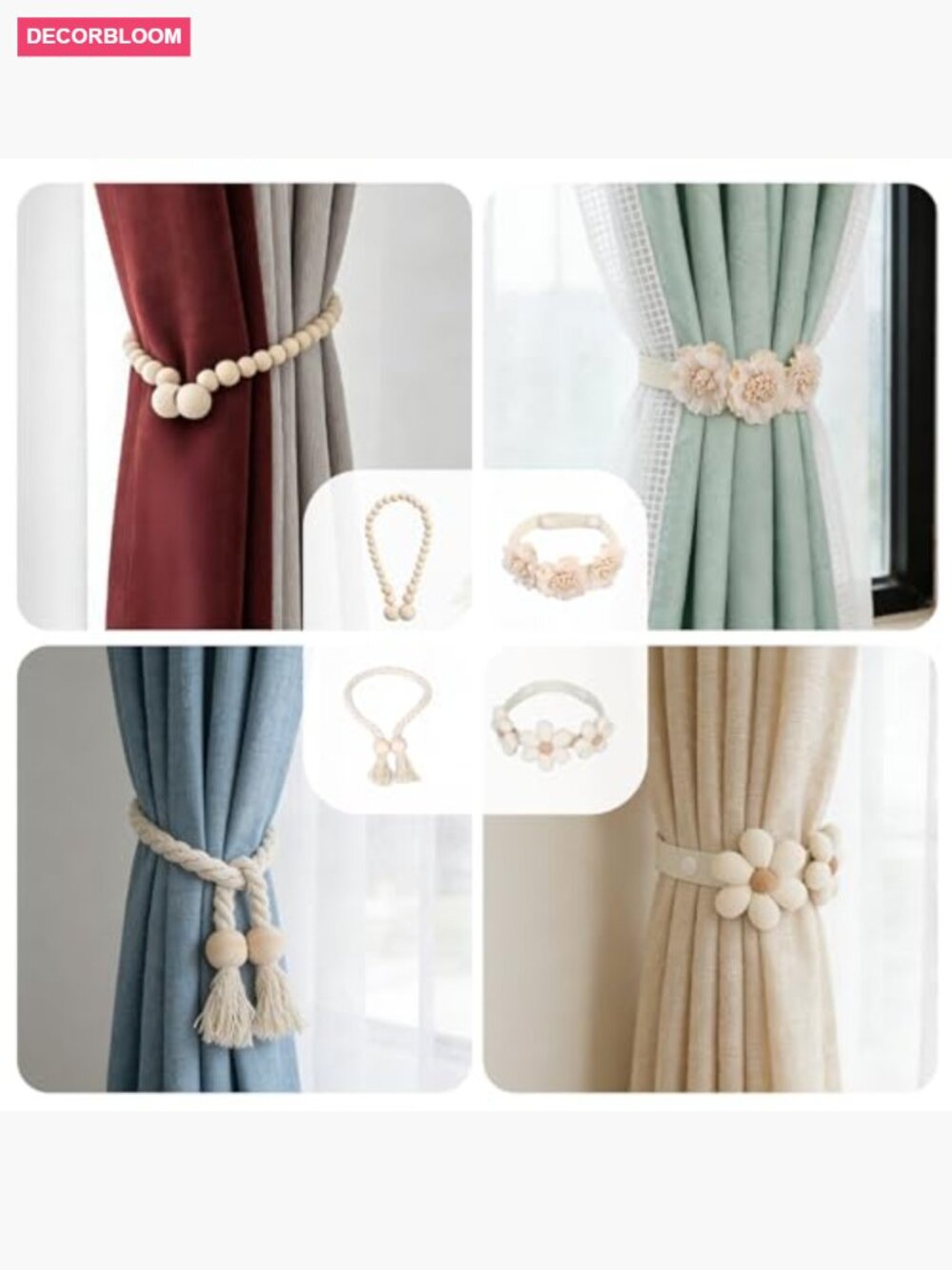 Magnetic Wood Bead Curtain Tiebacks Set of 2 No Drilling Soft Cotton Terylene - Picture 5 of 6